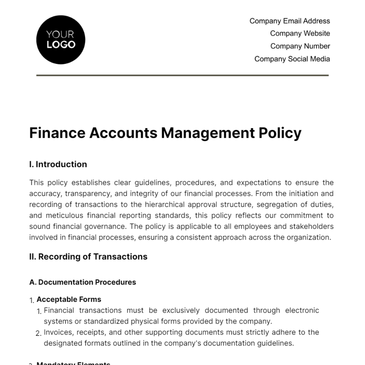 Finance Accounts Management Policy Template