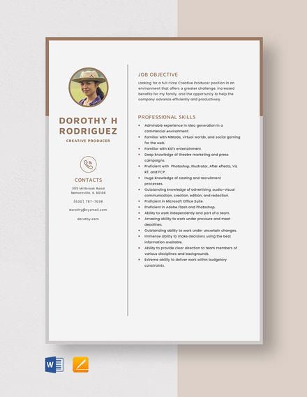 Creative Producer Resume Template - Word, Apple Pages