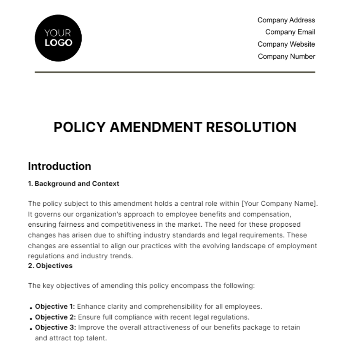 Free Policy Amendment Resolution HR Template