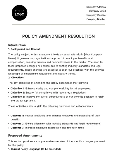 Free Policy Amendment Resolution HR Template to Edit Online