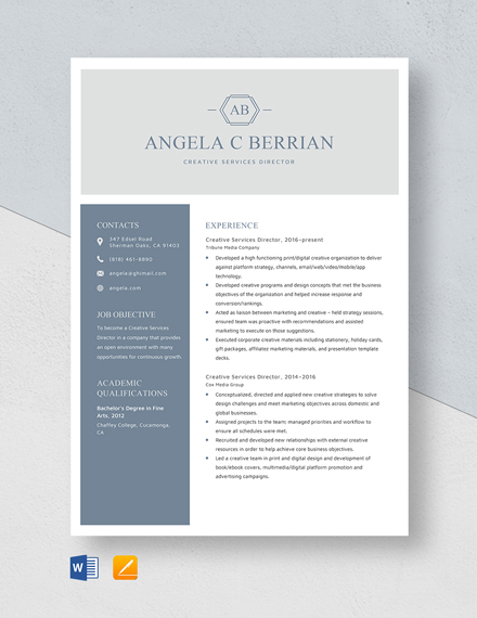 Free Creative Services Director Resume Template - Word, Apple Pages