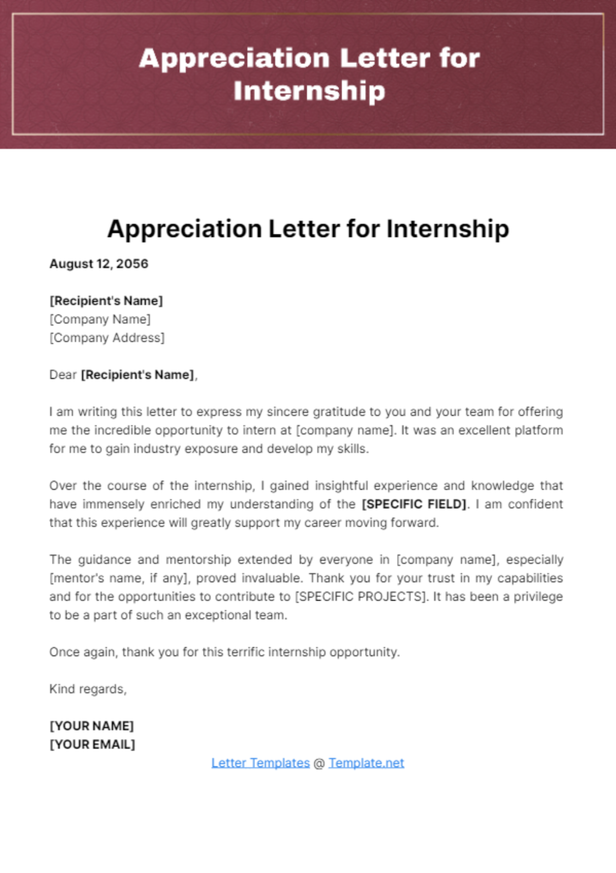 Appreciation Letter for Internship Template