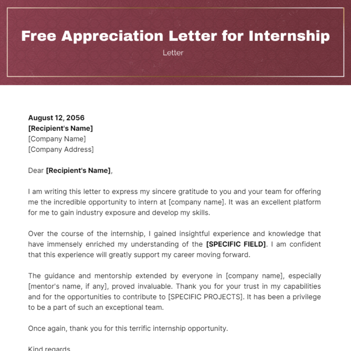 Appreciation Letter for Internship Template