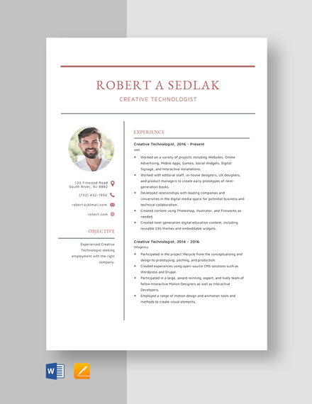 Free Creative Technologist Resume Template - Word, Apple Pages