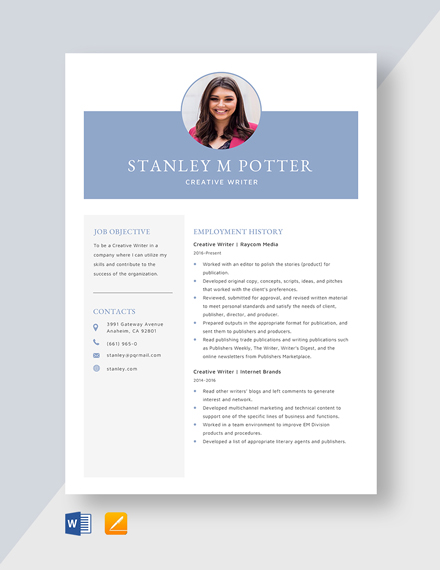 Free Creative Writer Resume Template - Word, Apple Pages