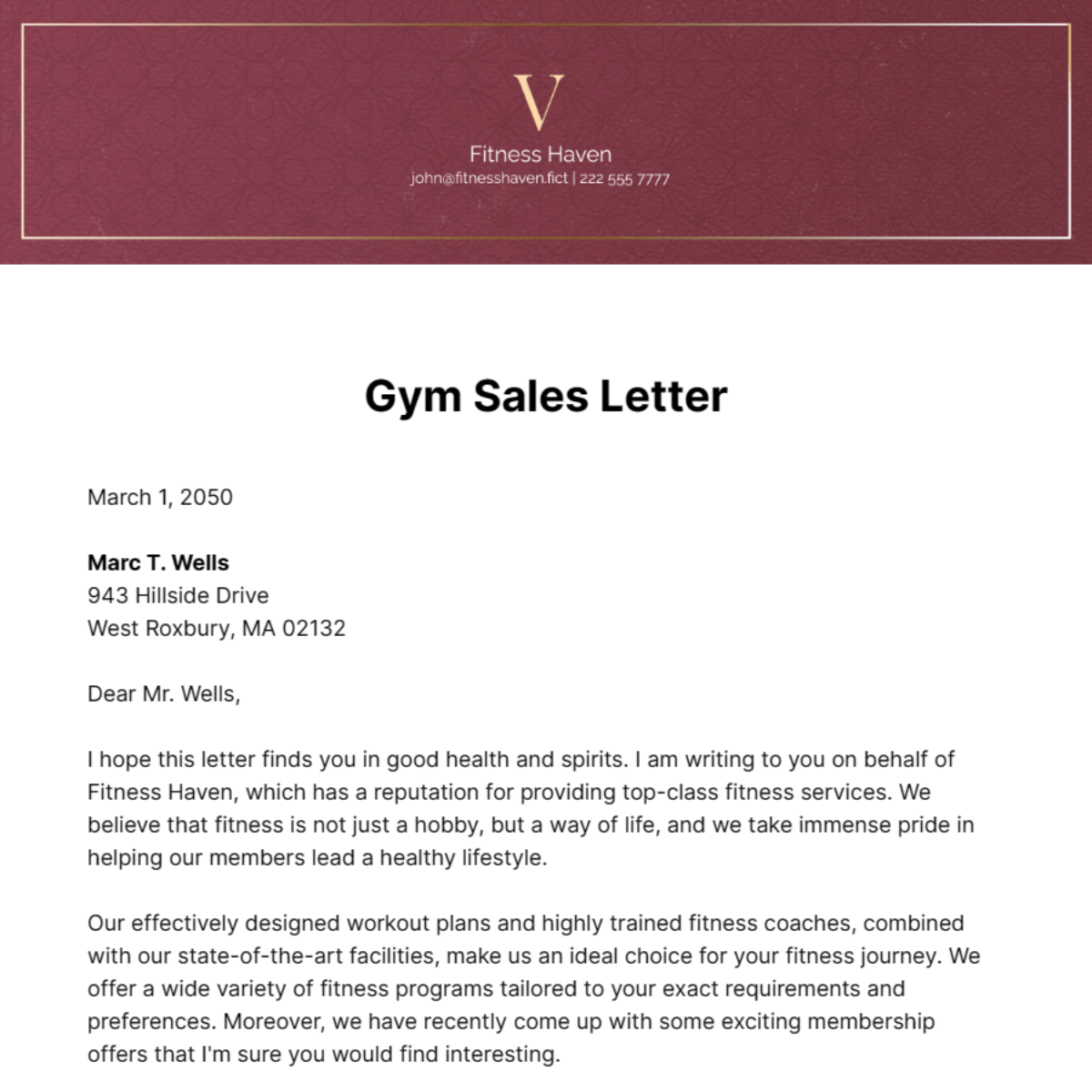Gym Sales Letter Template