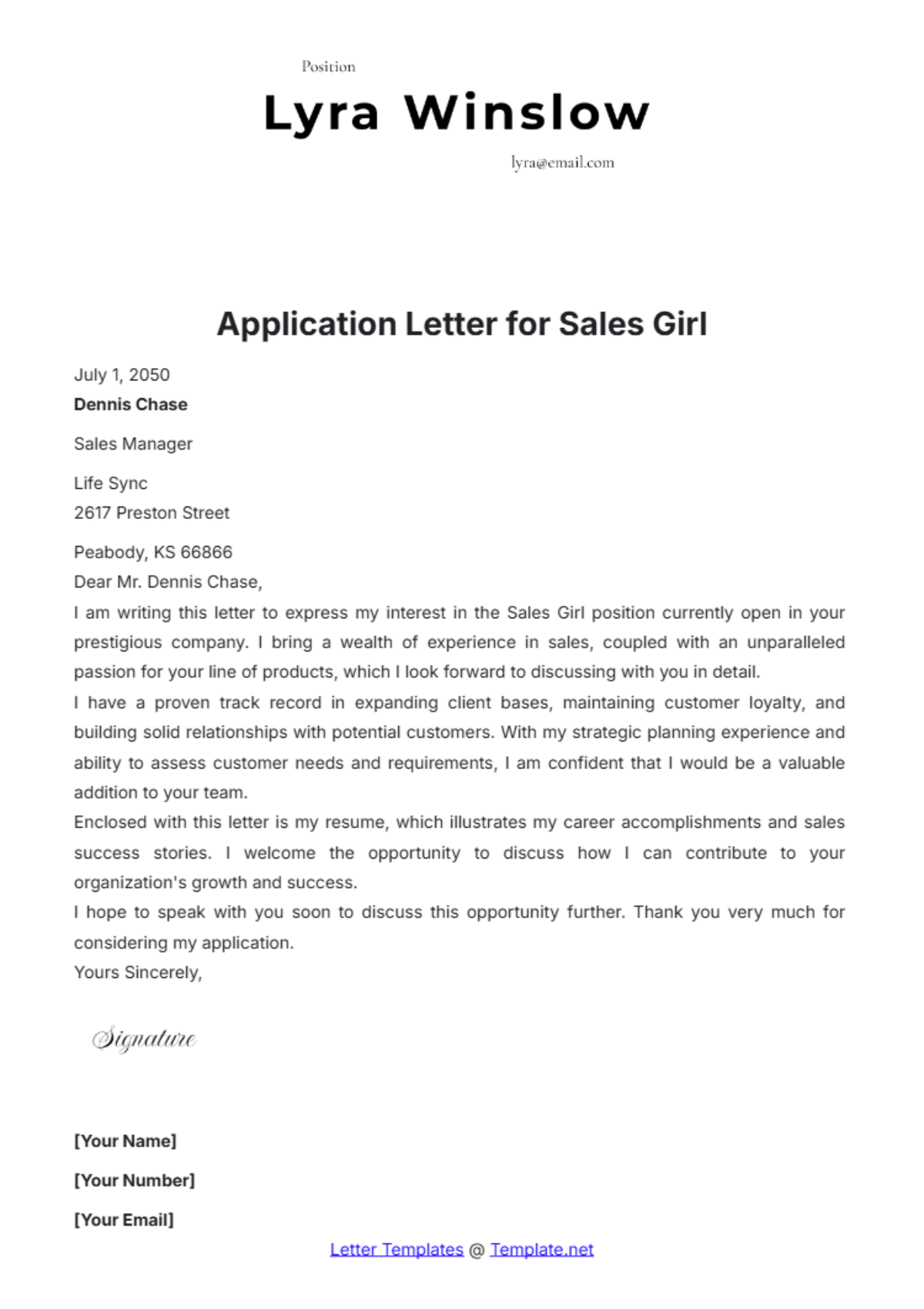 Application Letter for Sales Girl Template - Edit Online & Download