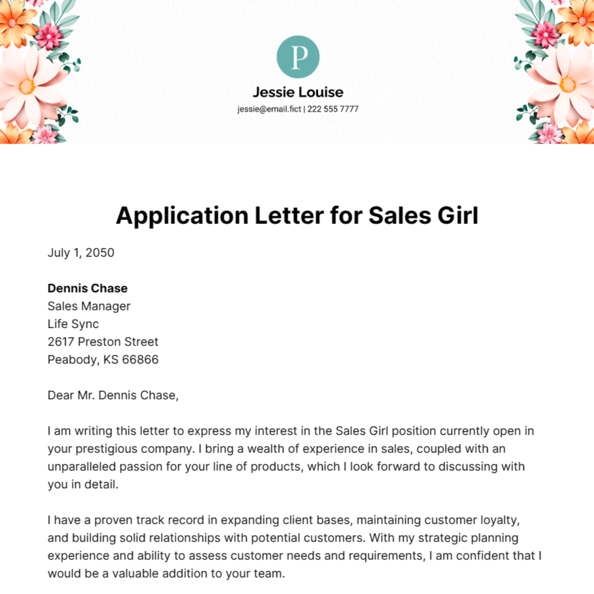 Application Letter for Sales Girl Template