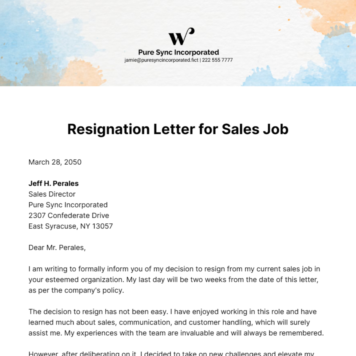 Resignation Letter for Sales Job Template