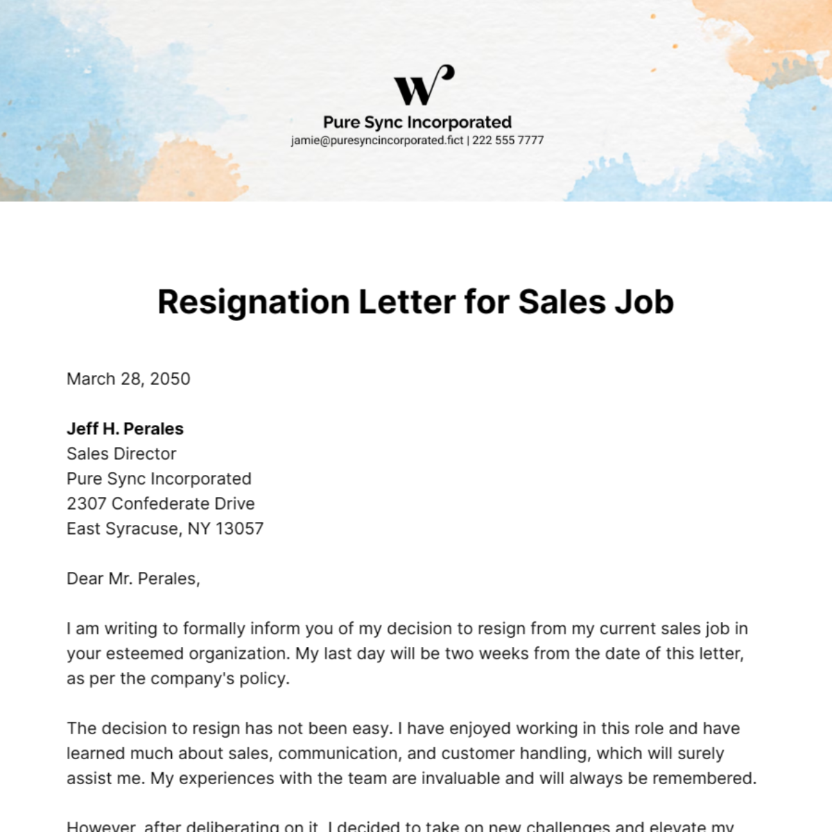 Free Resignation Letter for Sales Job Template