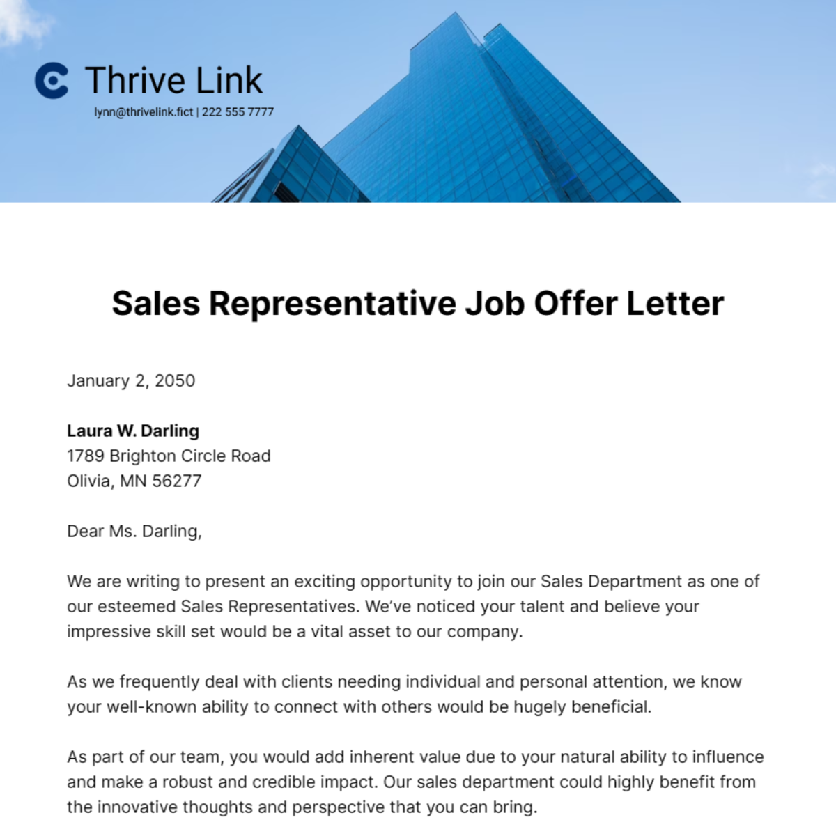 Sales Representative Job Offer Letter Template