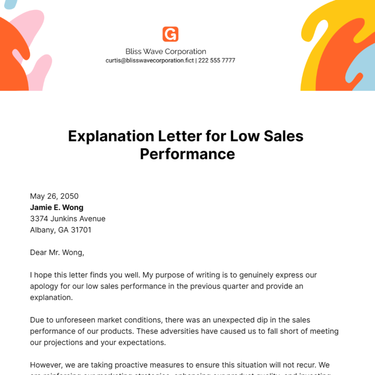 Explanation Letter for Low Sales Performance Template