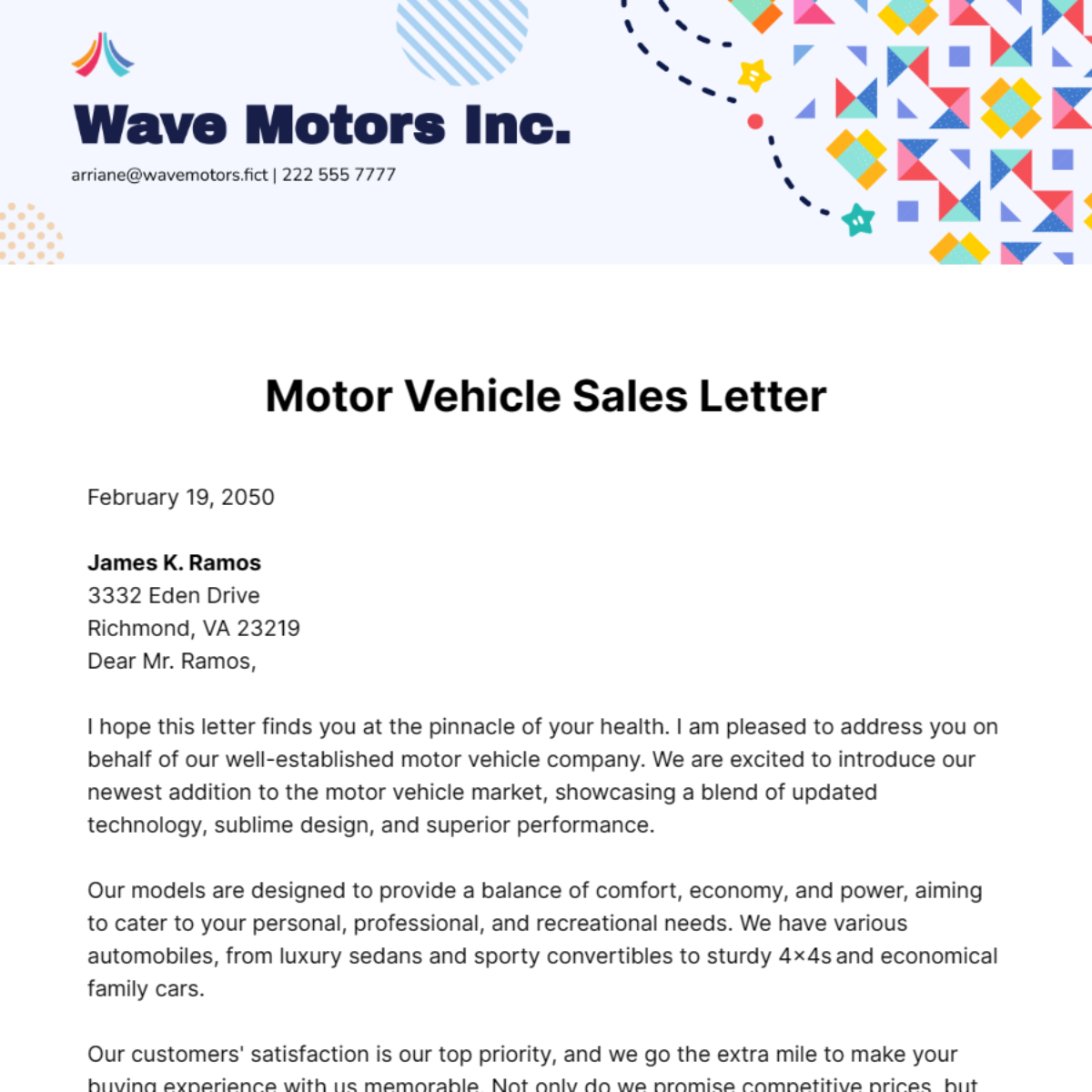 Motor Vehicle Sales Letter Template