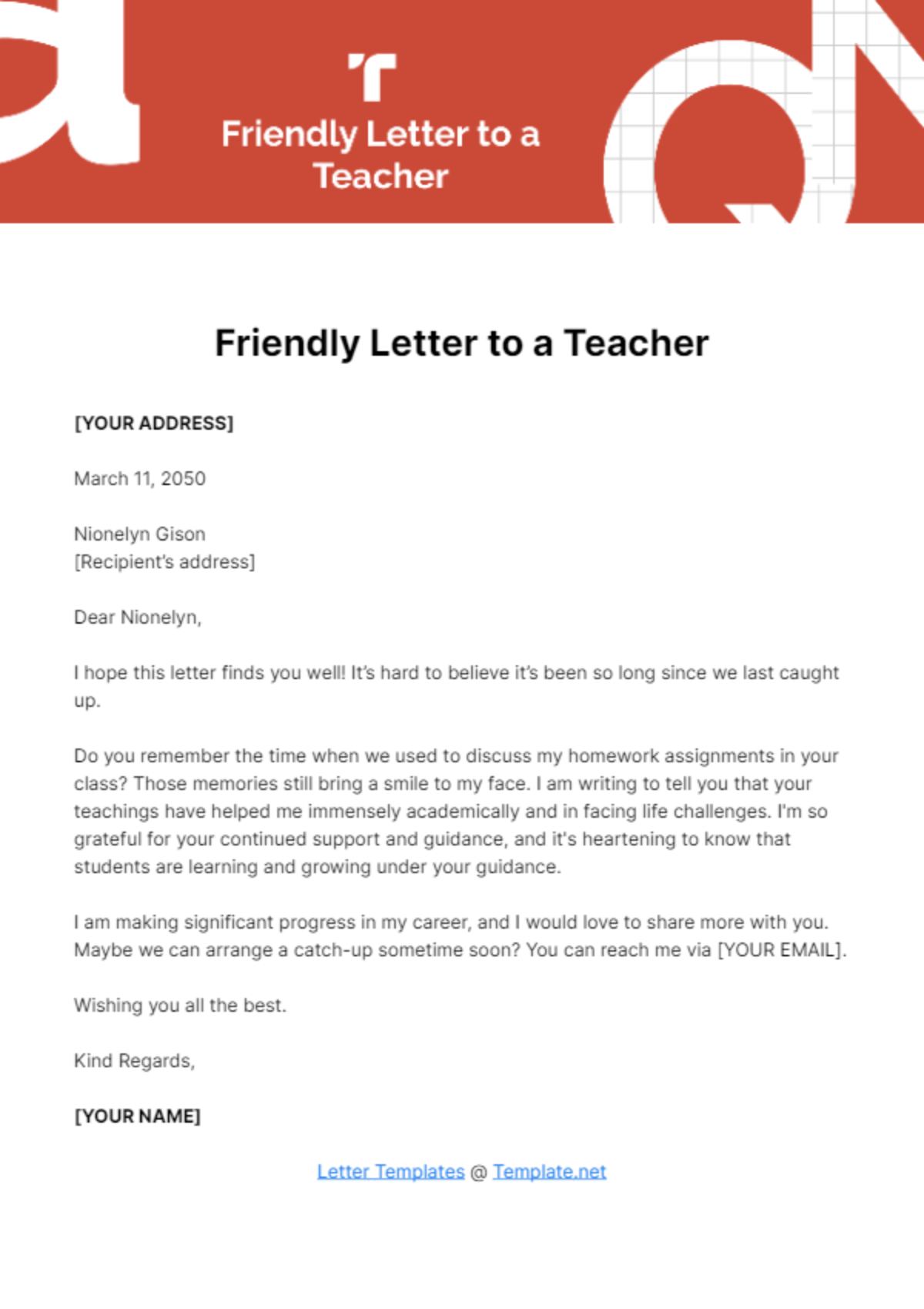 Free Friendly Letter to a Teacher Template