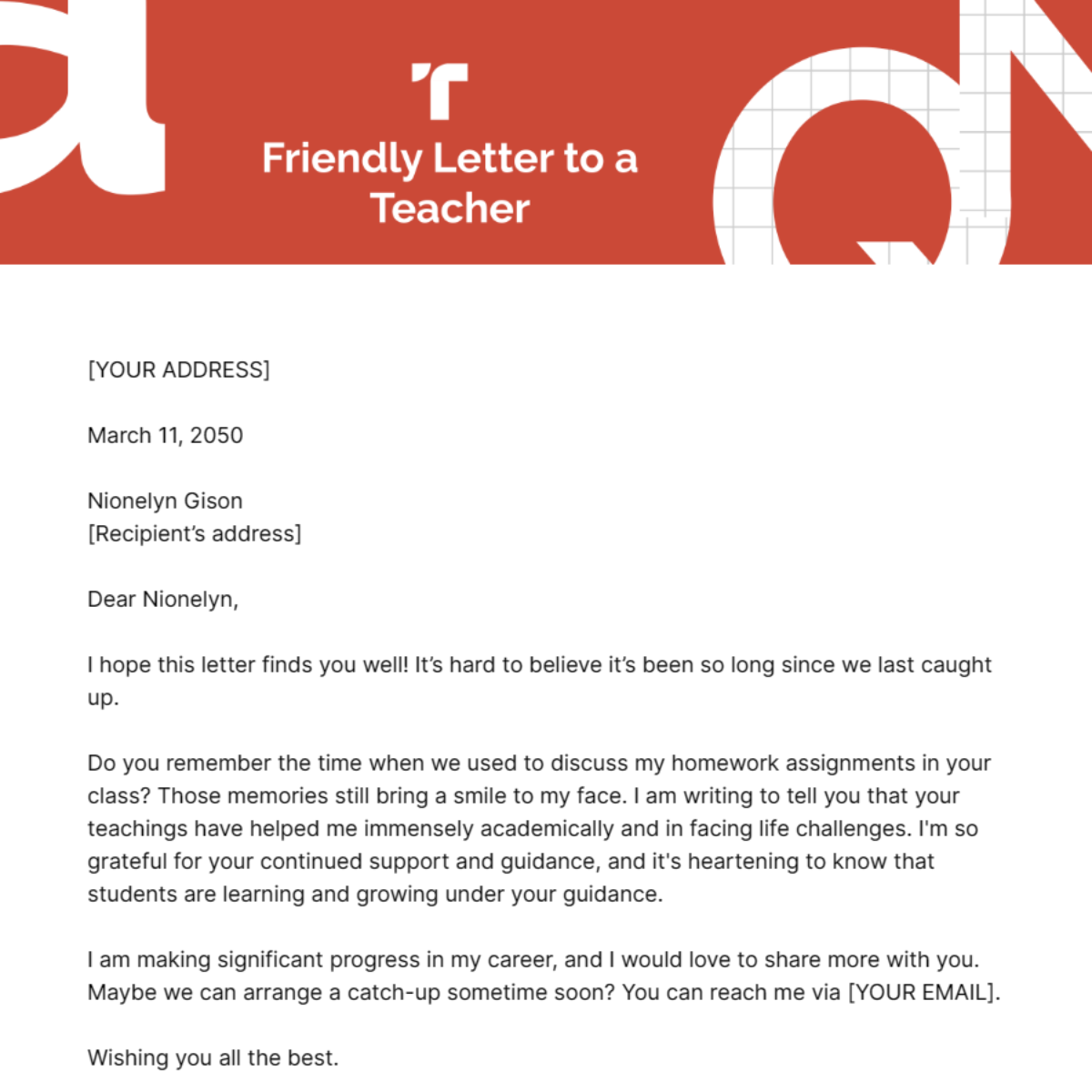 Friendly Letter to a Teacher Template