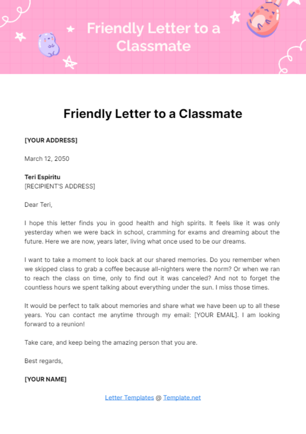 Free Friendly Letter to a Classmate Template