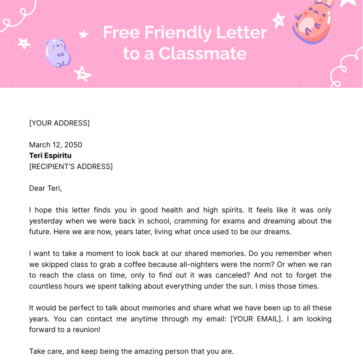Friendly Letter to a Classmate Template