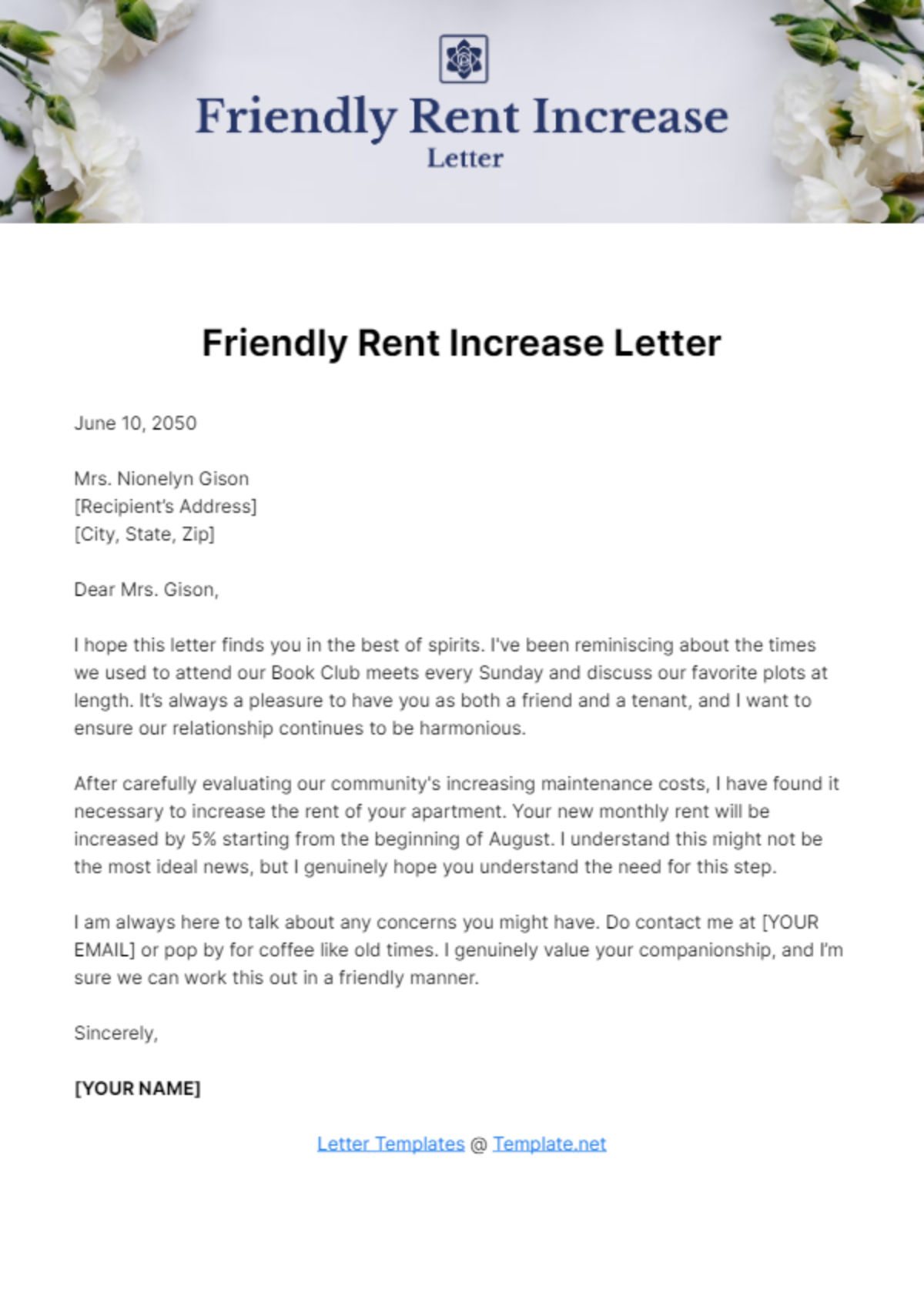 Friendly Rent Increase Letter Template