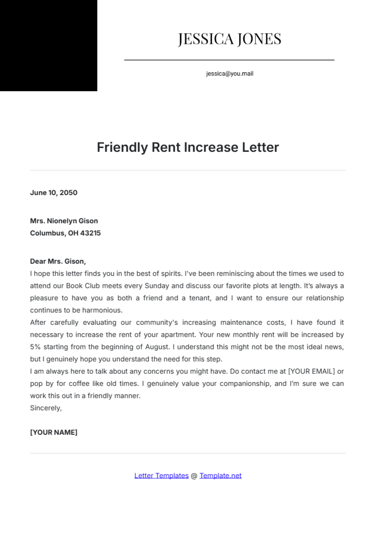 Friendly Rent Increase Letter Template - Edit Online & Download