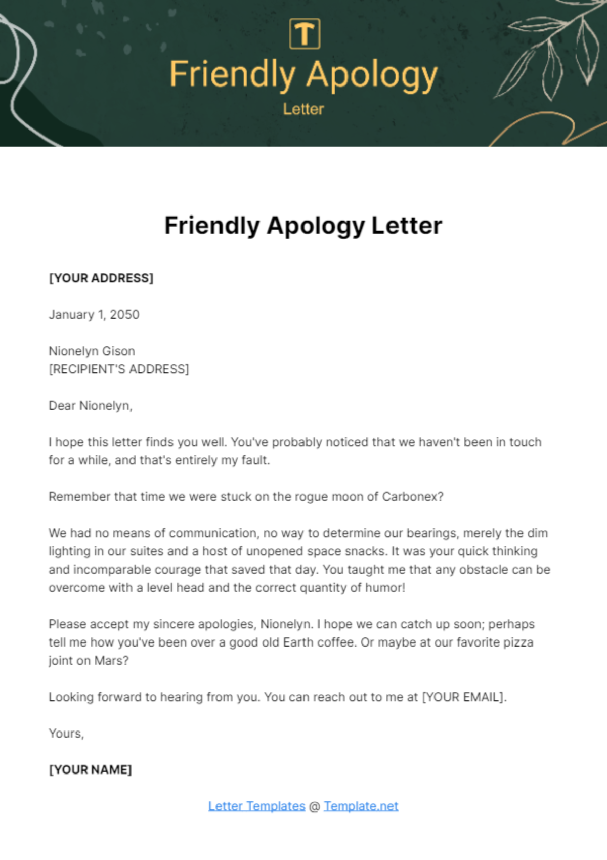 Friendly Apology Letter Template