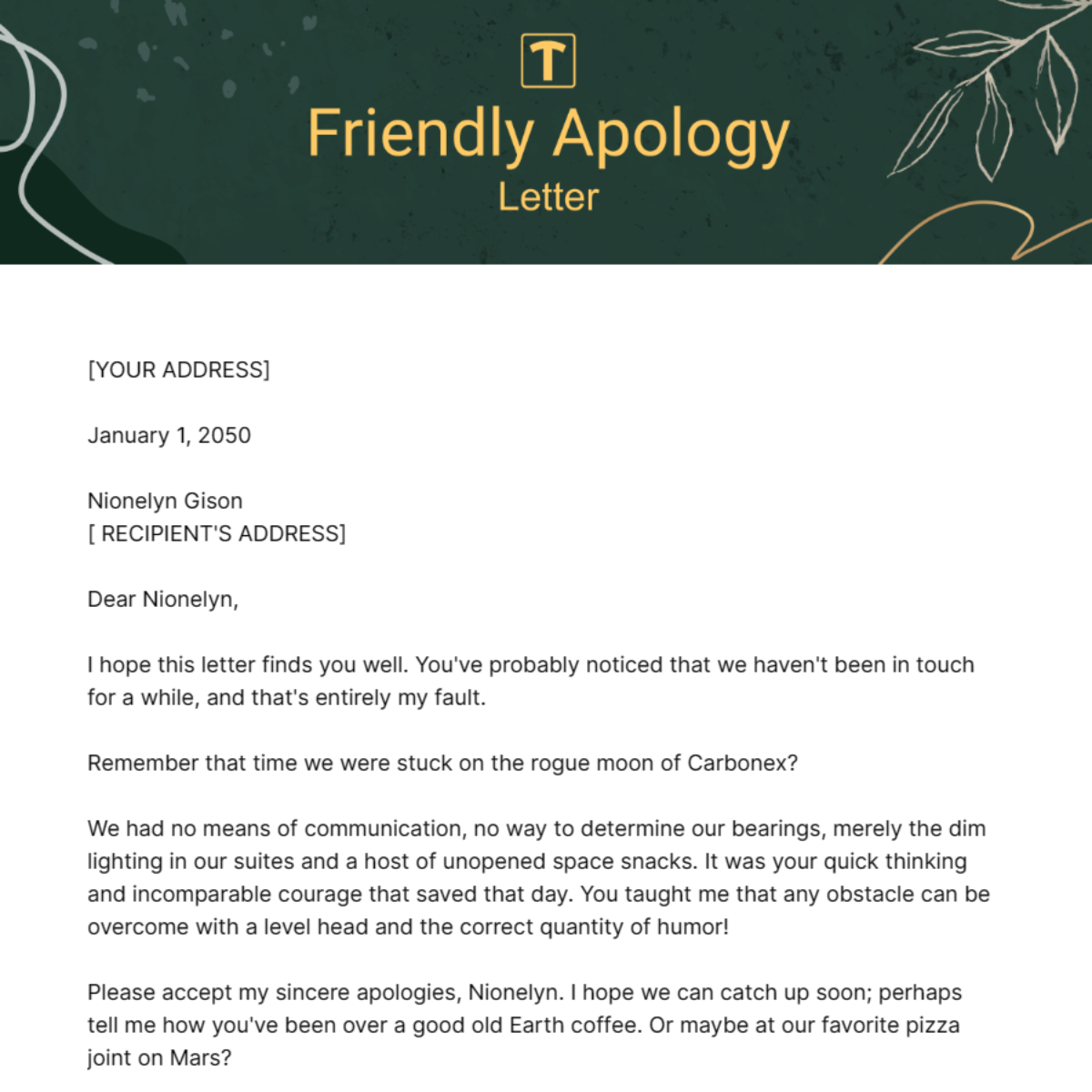 Friendly Apology Letter Template