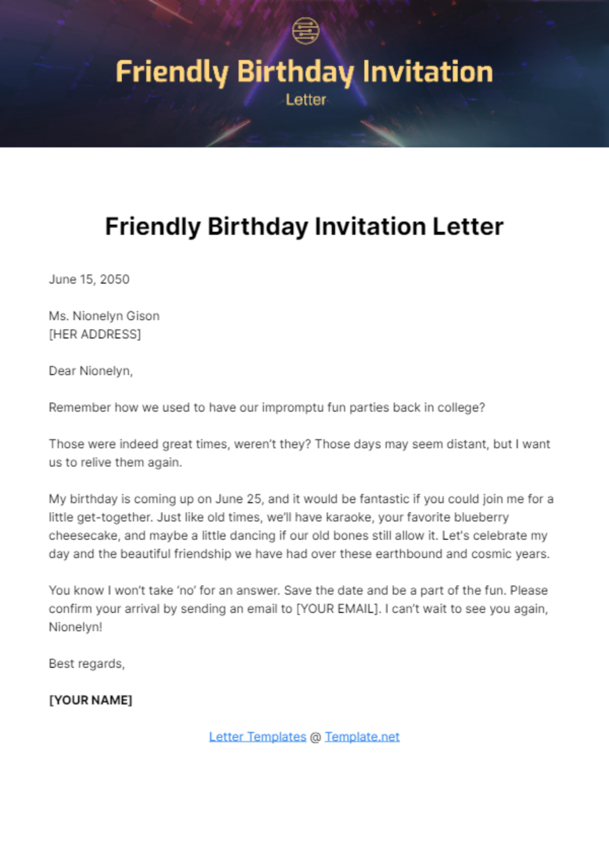 Free Friendly Birthday Invitation Letter Template