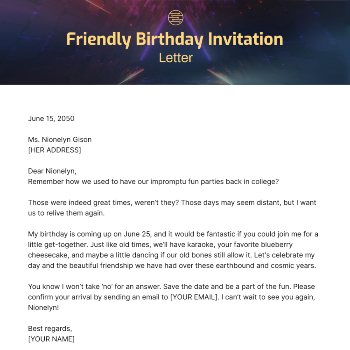 Friendly Birthday Invitation Letter Template