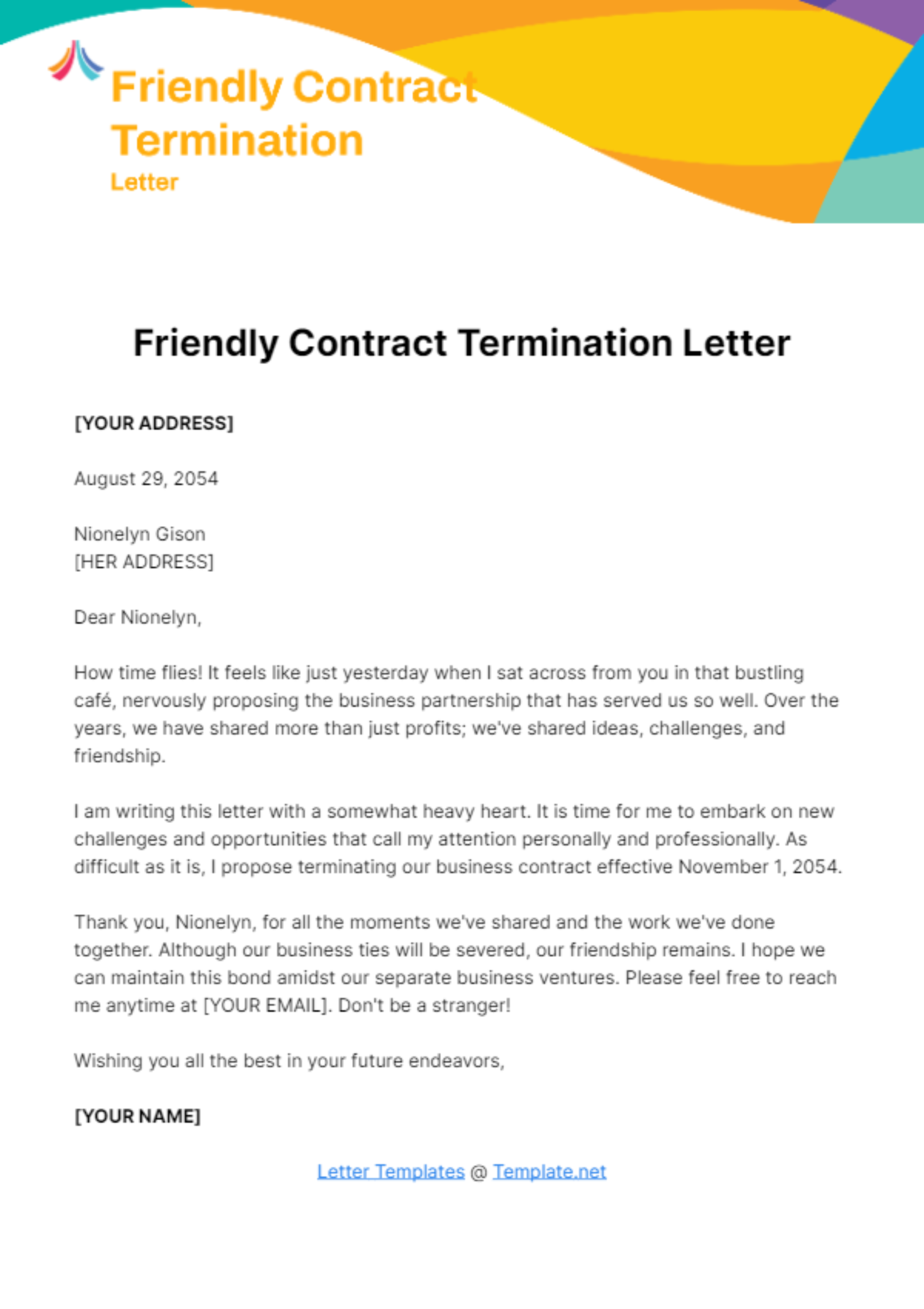 Free Friendly Contract Termination Letter Template