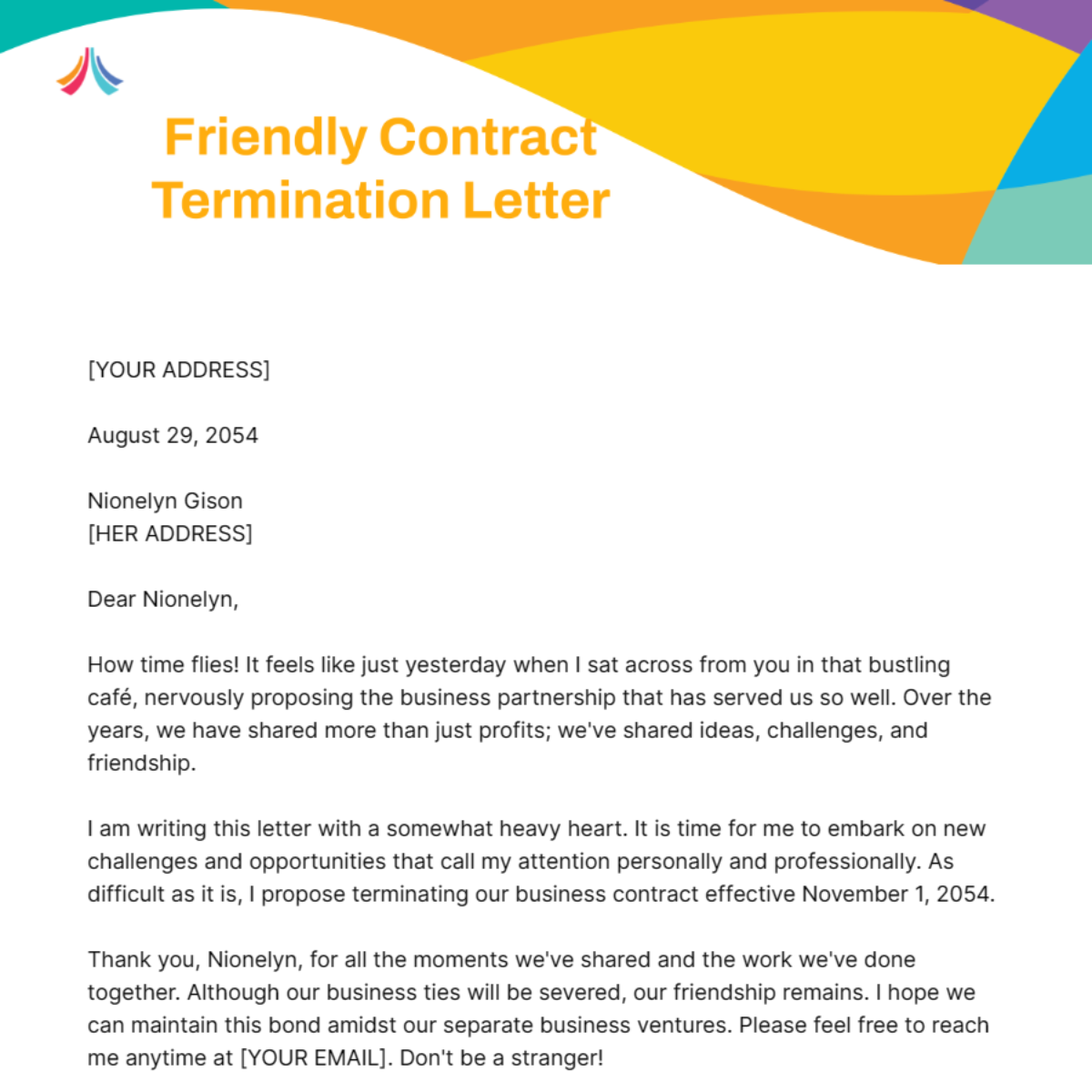 Friendly Contract Termination Letter Template