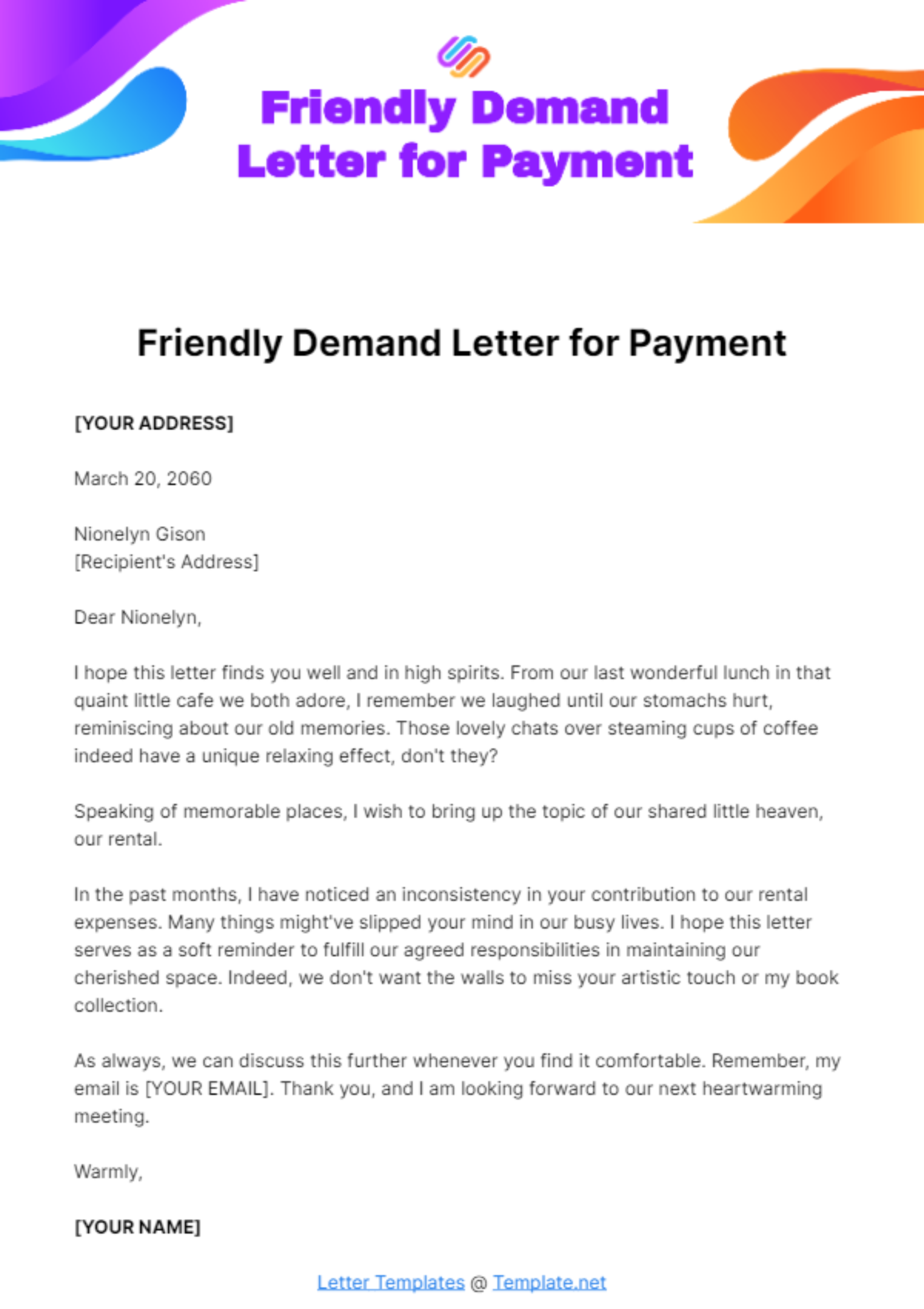 Free Friendly Demand Letter for Payment Template