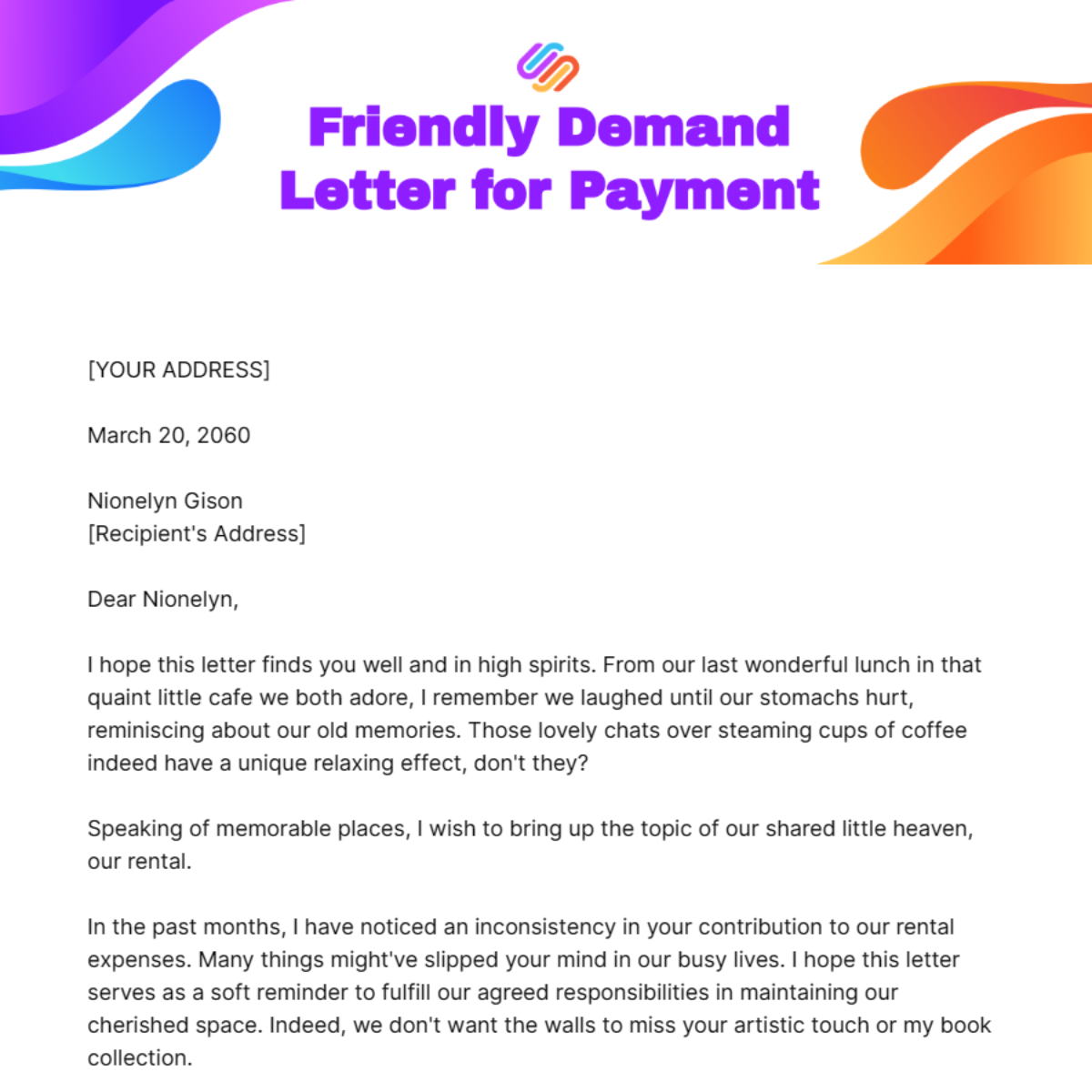 Friendly Demand Letter for Payment Template