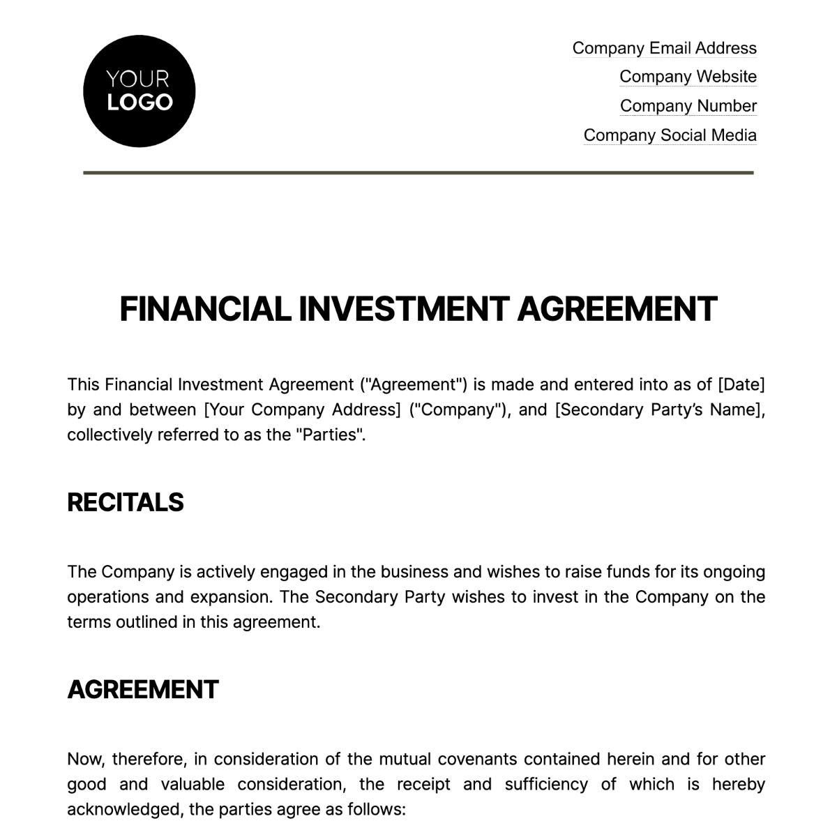 Financial Investment Agreement Template