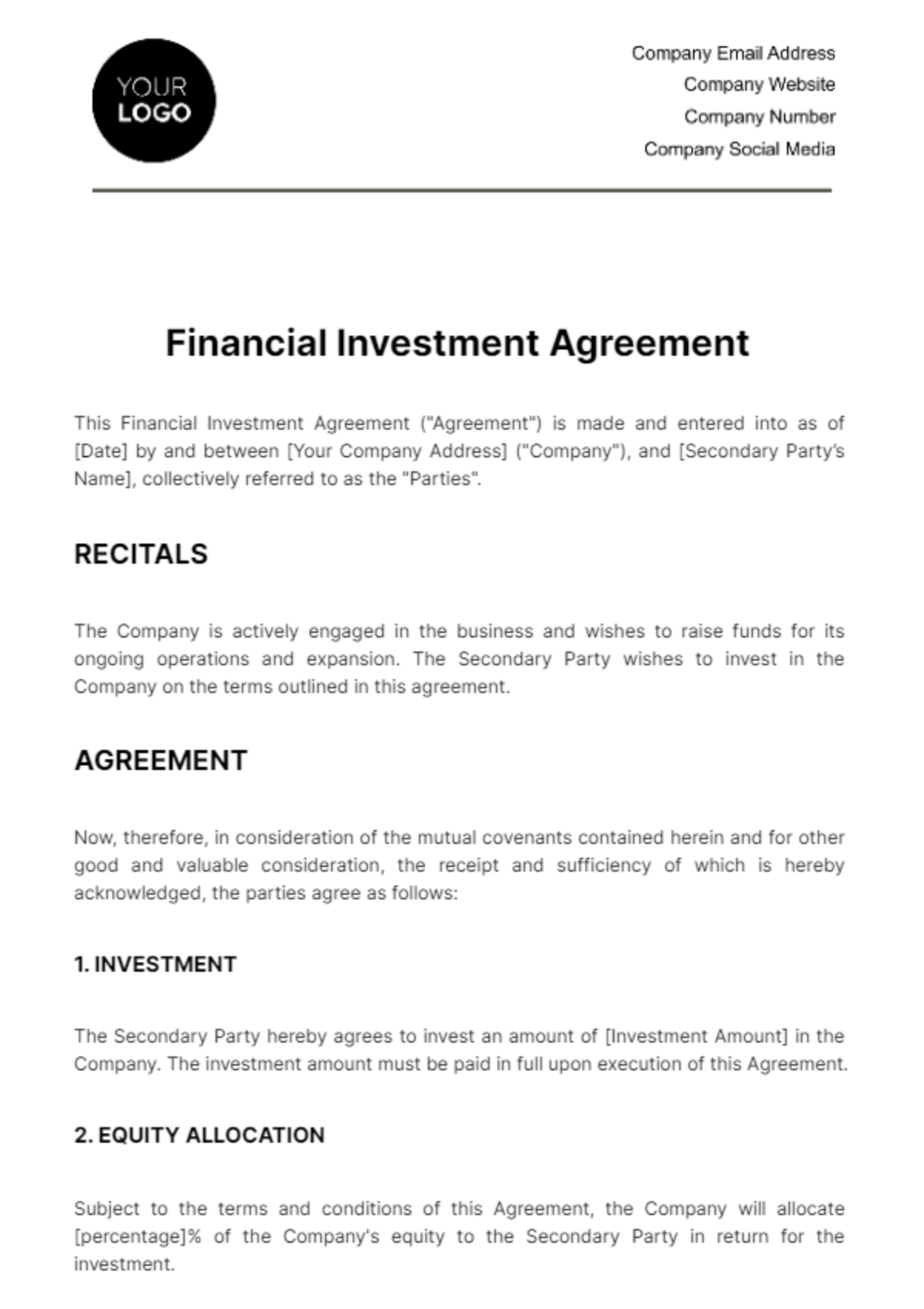 Free Financial Investment Agreement Template