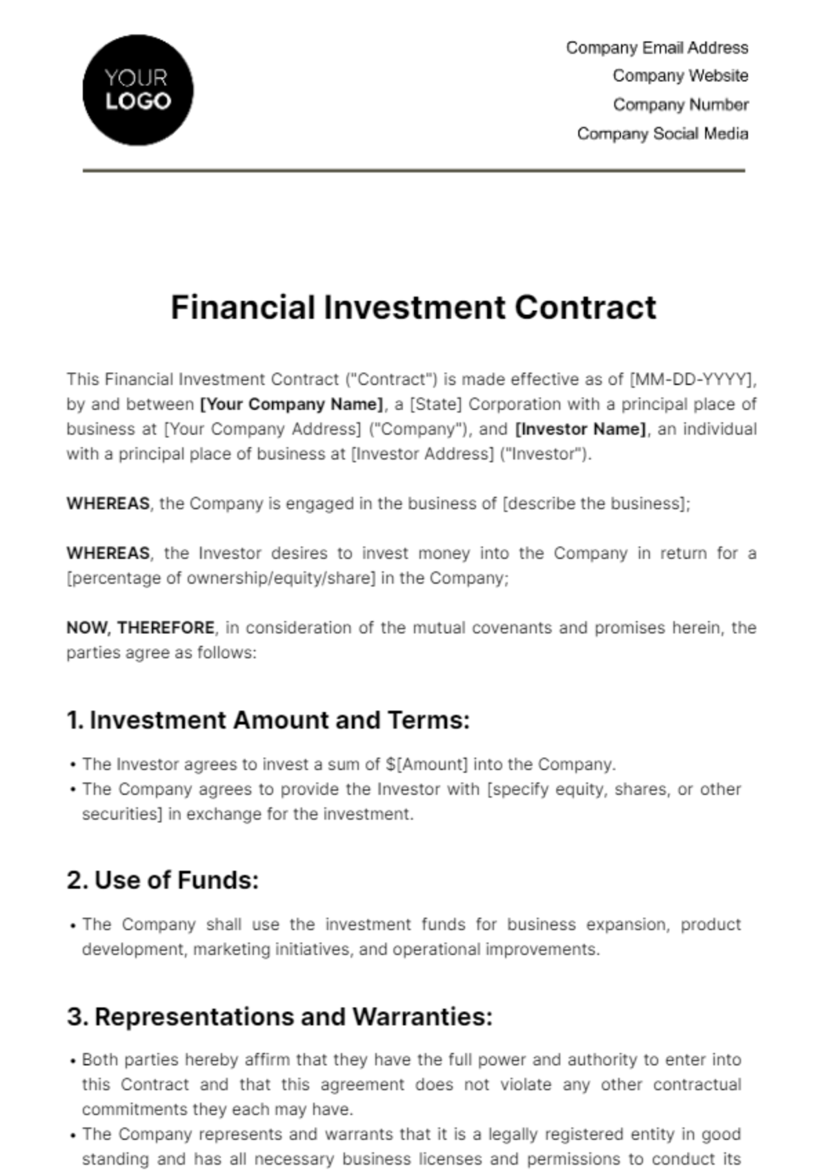 Financial Investment Contract Template