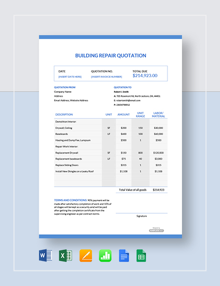 Free Sample Repair Quotation Template - Google Docs, Google Sheets ...