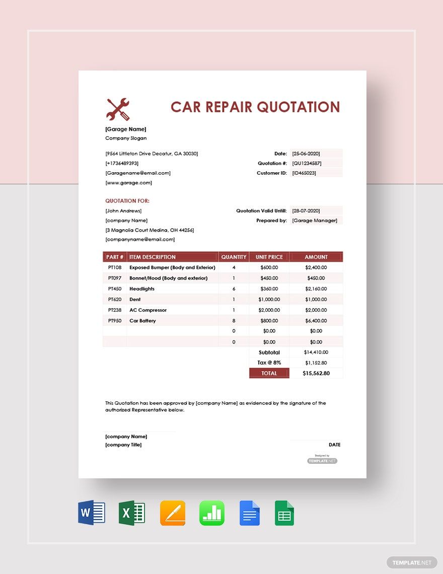 Car Repair Quotation Template