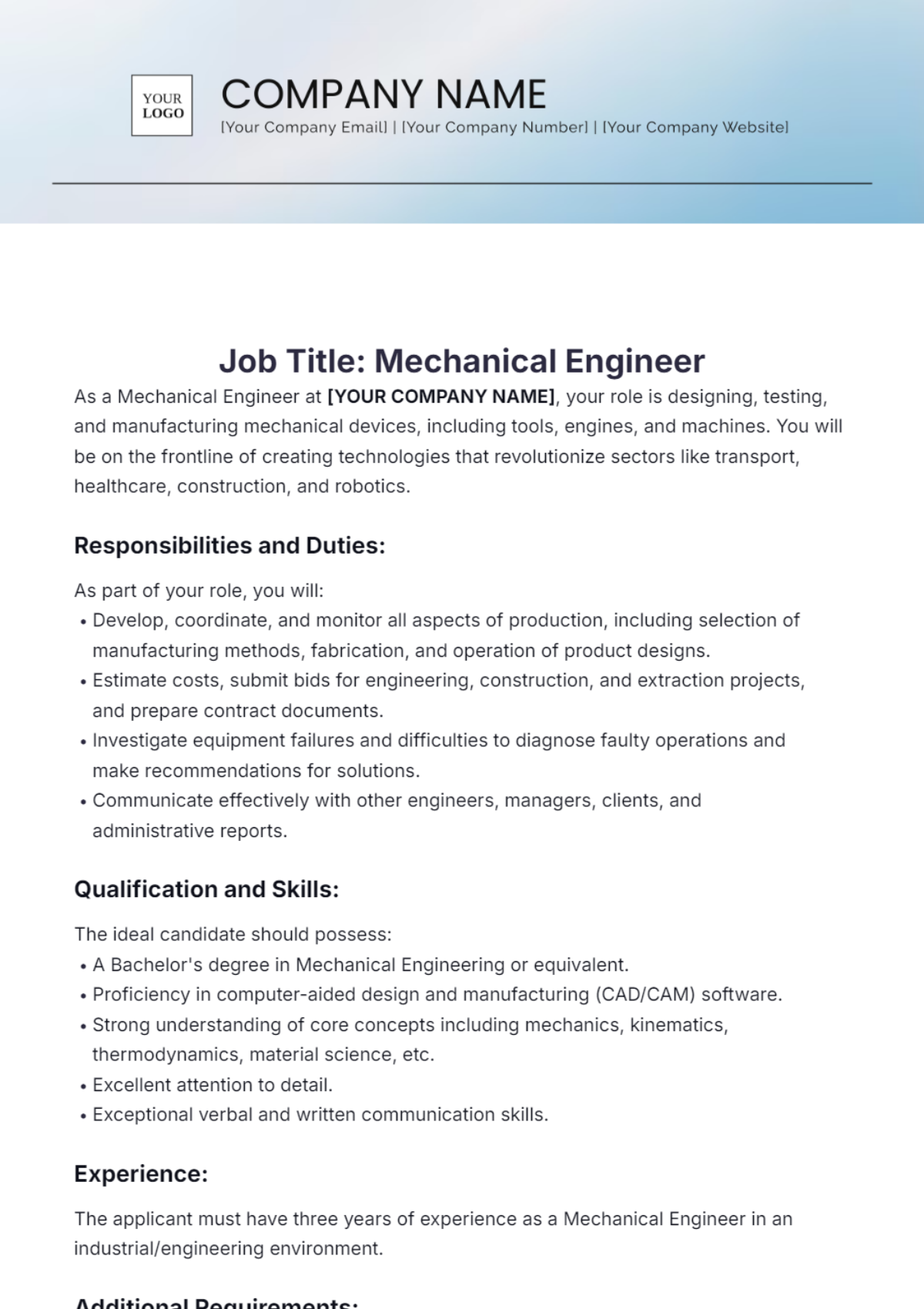 Mechanical Engineer Job Description Template - Edit Online & Download