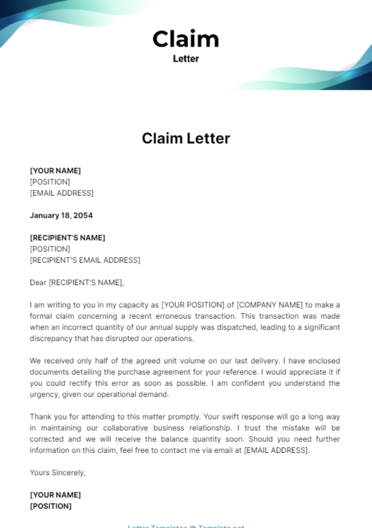 Free Claim Letter Template