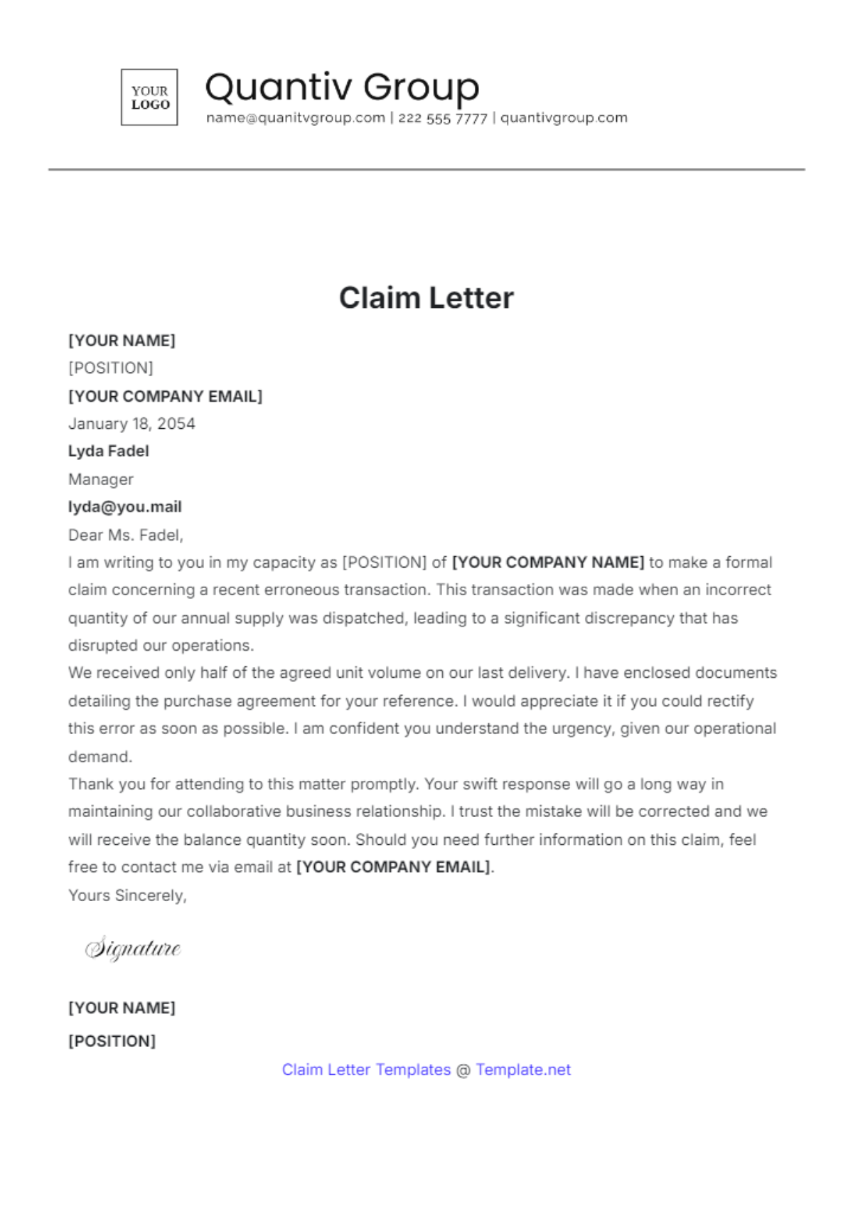 Free Claim Letter Template