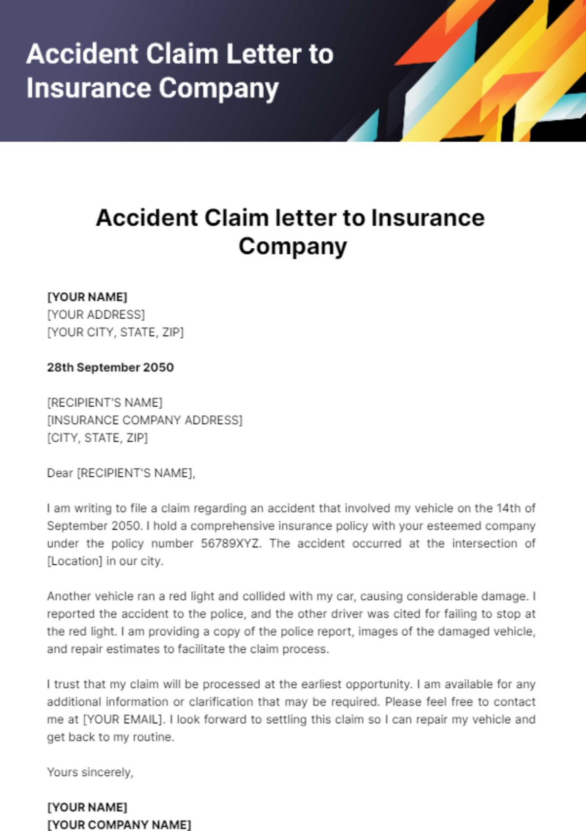 Accident Claim letter to Insurance Company Template