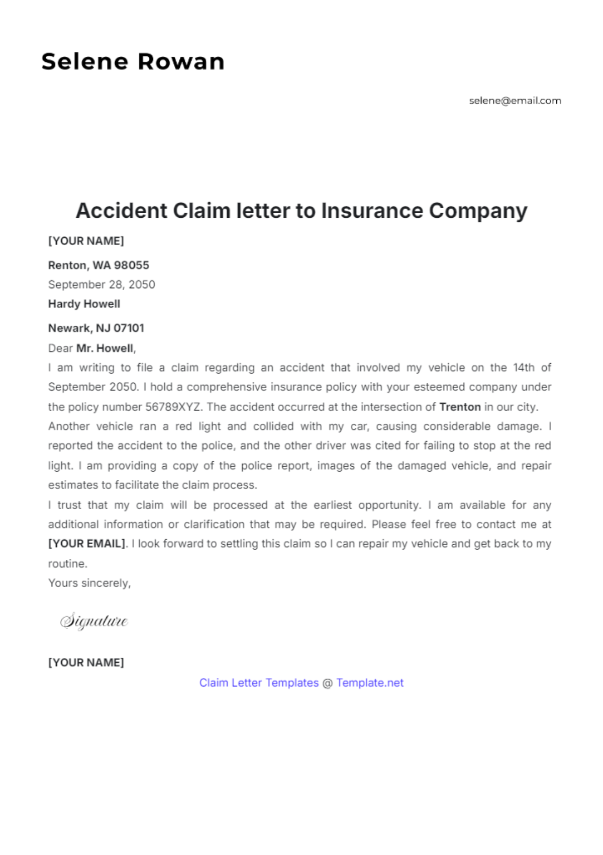 Free Accident Claim letter to Insurance Company Template