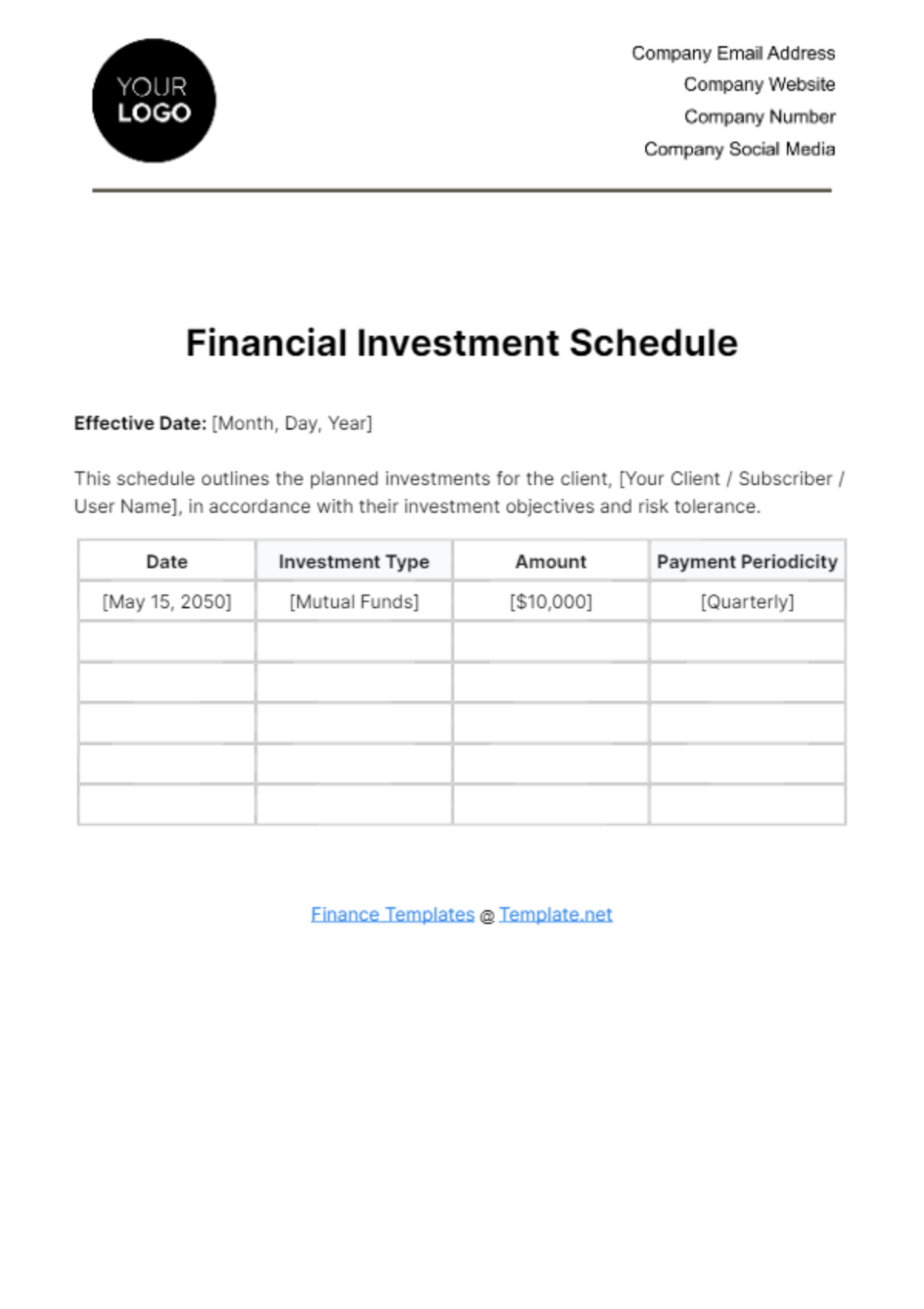 Financial Investment Schedule Template