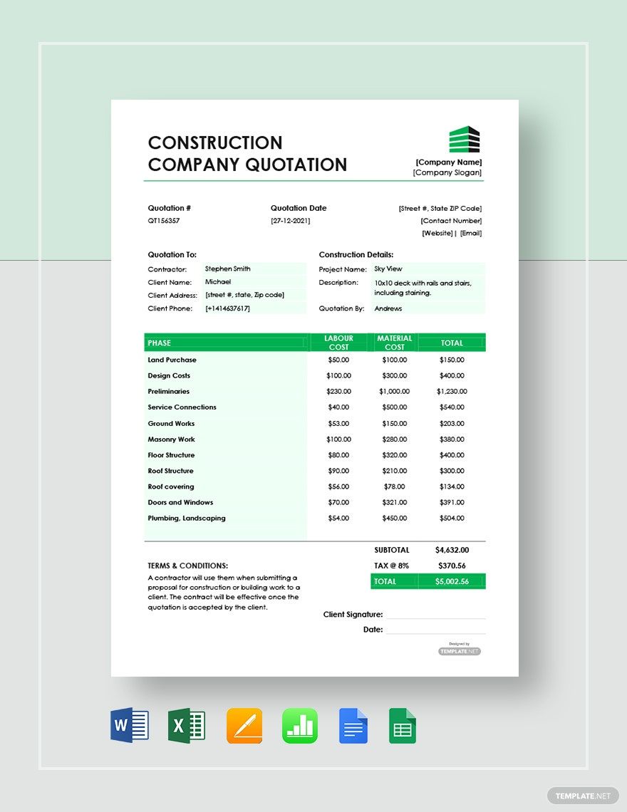 Construction Quotation Template Download in Word, Google Docs, Excel