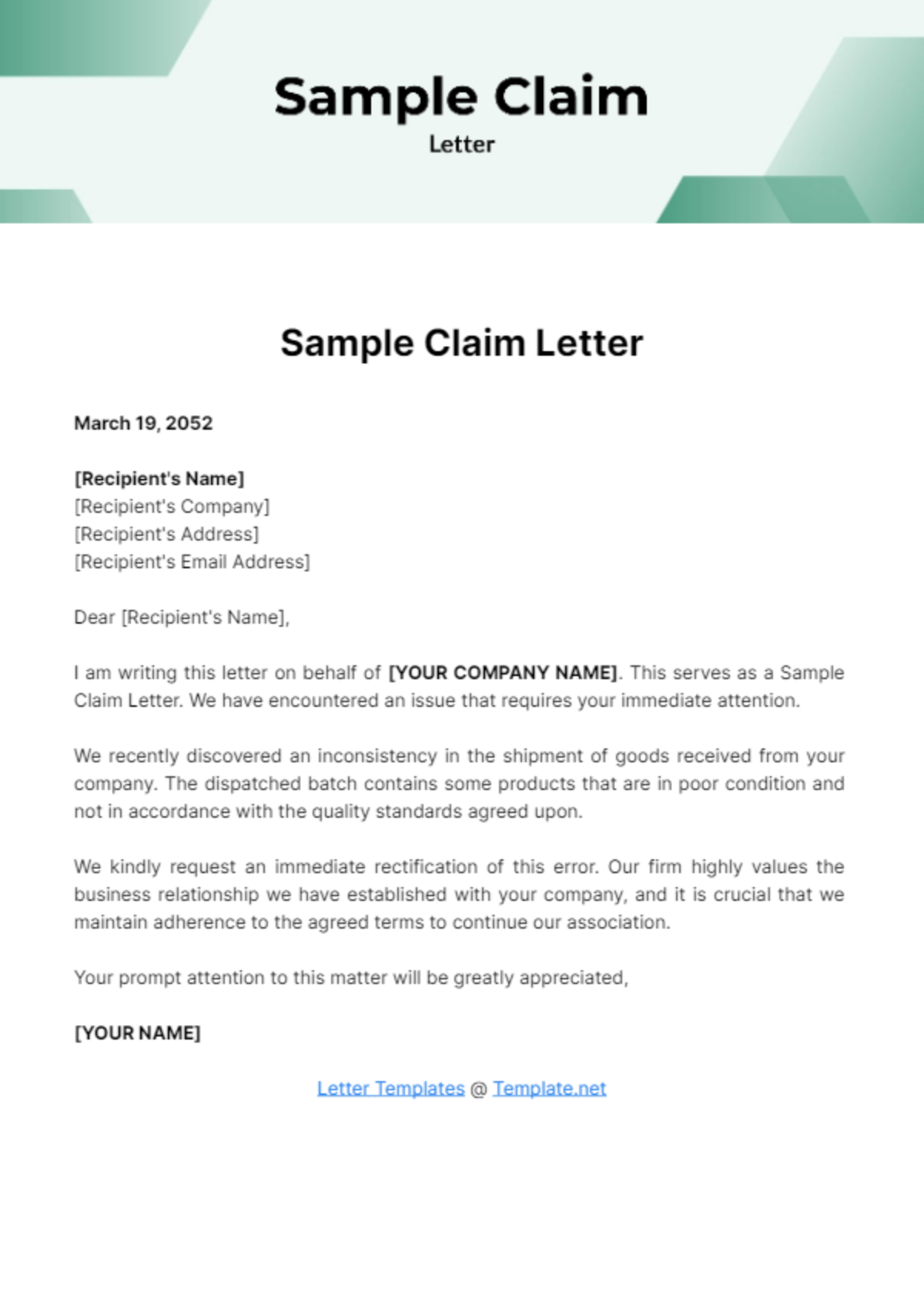 Free Sample Claim Letter Template