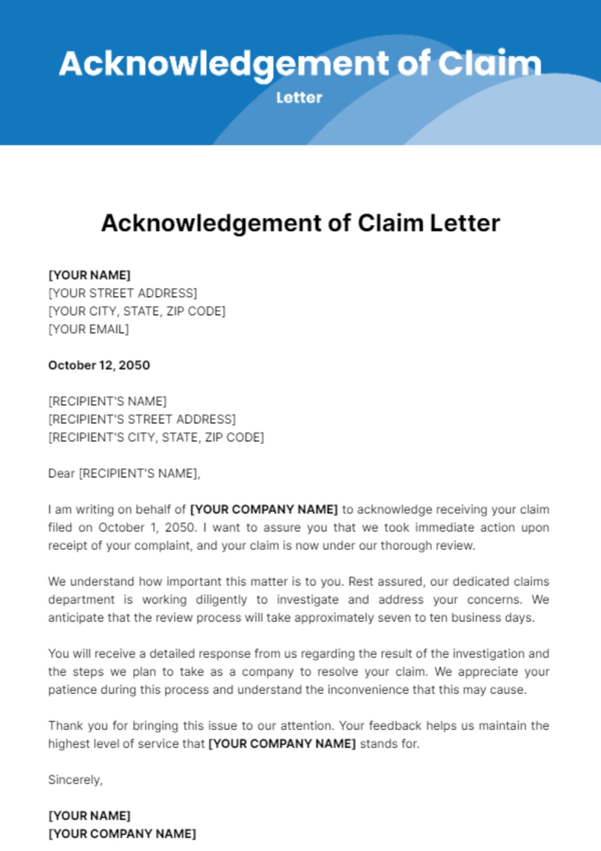 Free Acknowledgement of Claim Letter Template