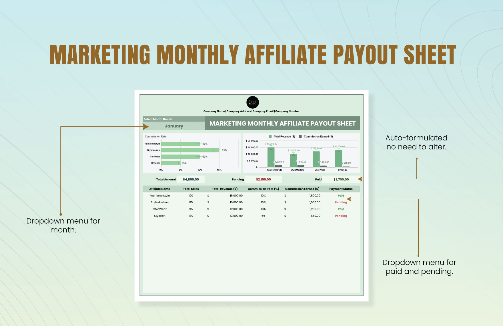 Marketing Monthly Affiliate Payout Sheet Template