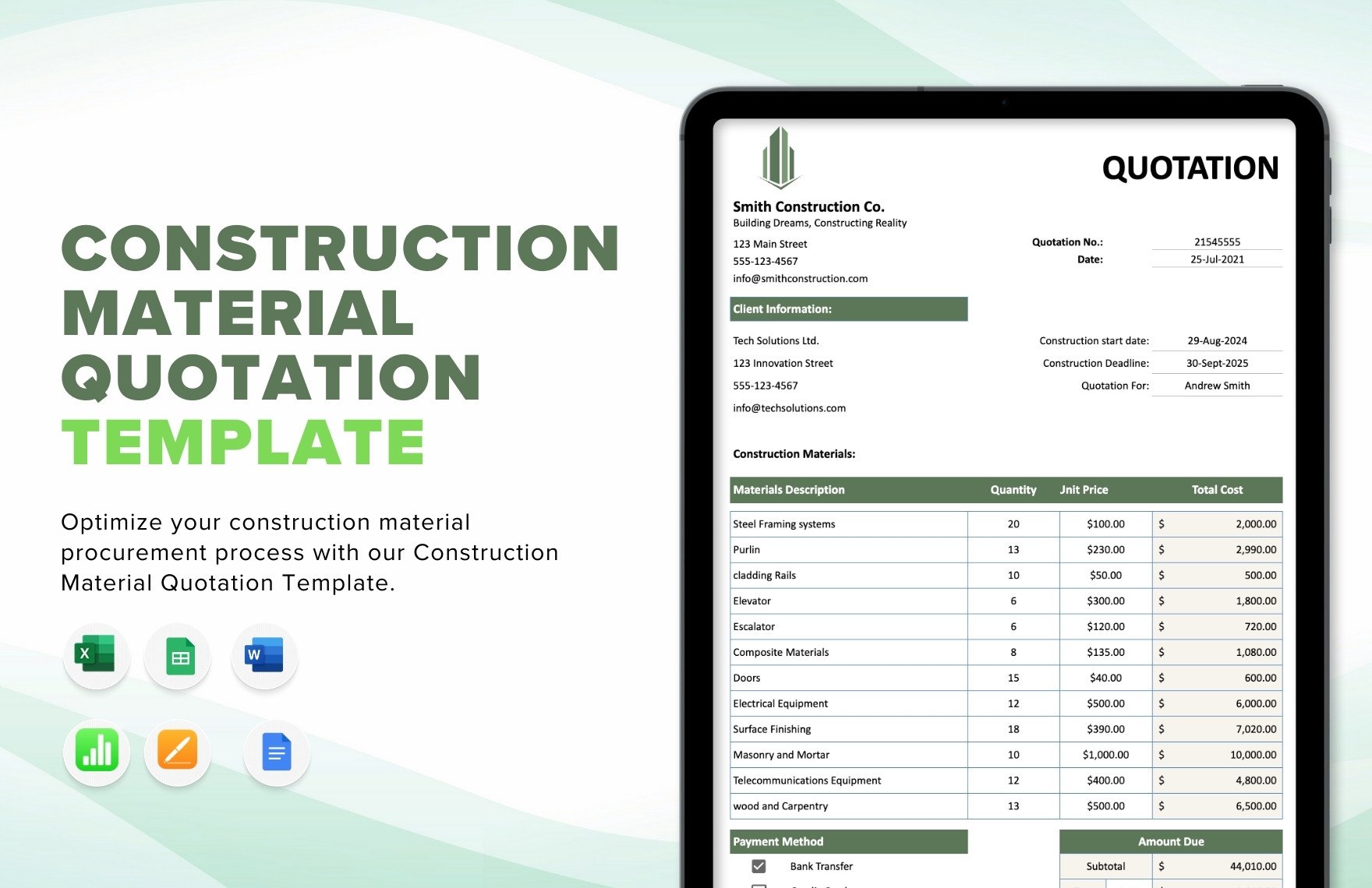 Construction Material Quotation Template in Word, Google Docs, Excel, Google Sheets, Apple Pages, Apple Numbers
