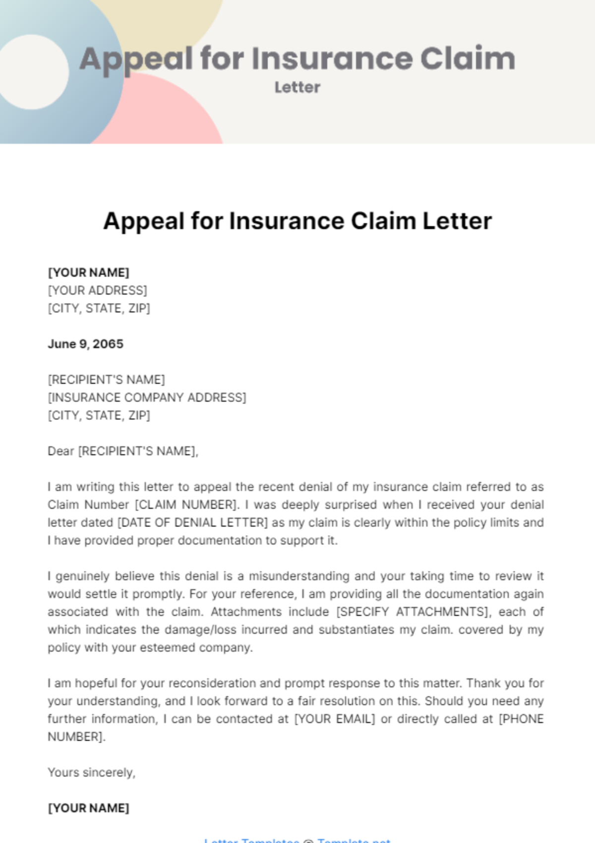Appeal for Insurance Claim Letter Template