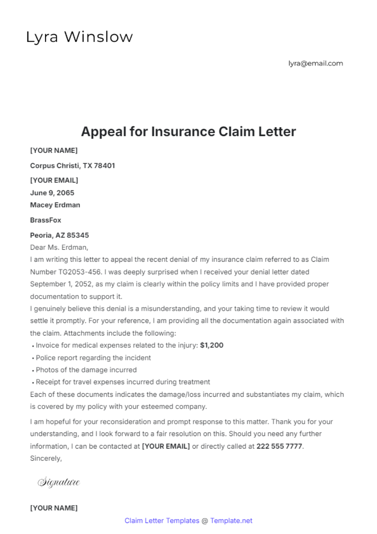 Free Appeal for Insurance Claim Letter Template