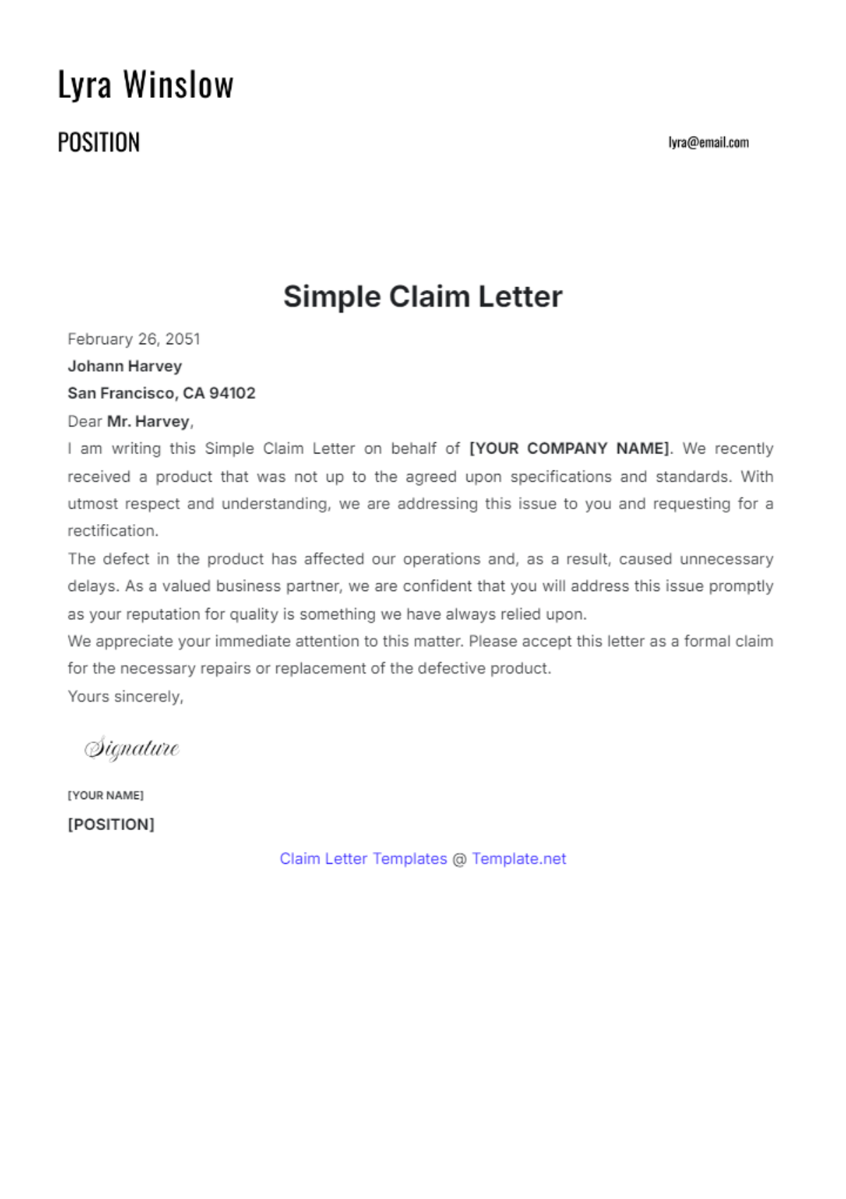 Free Simple Claim Letter Template